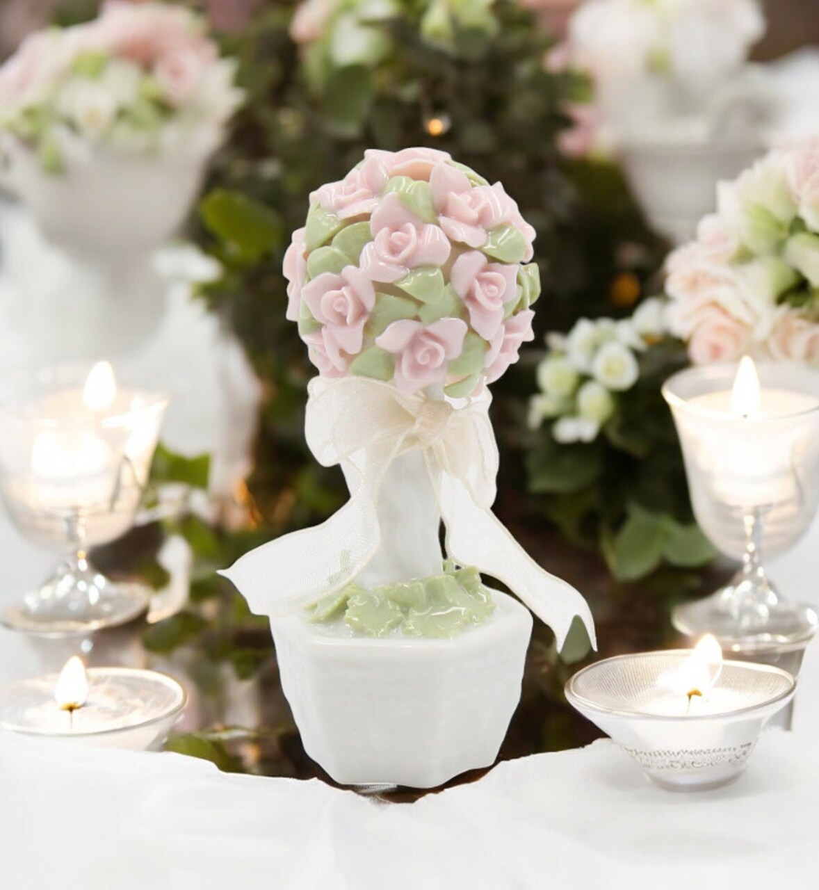 Ceramic Mini Pink Rose Flower Topiary Figurine, Wedding Decor, Gift for Her, Gift for Mom